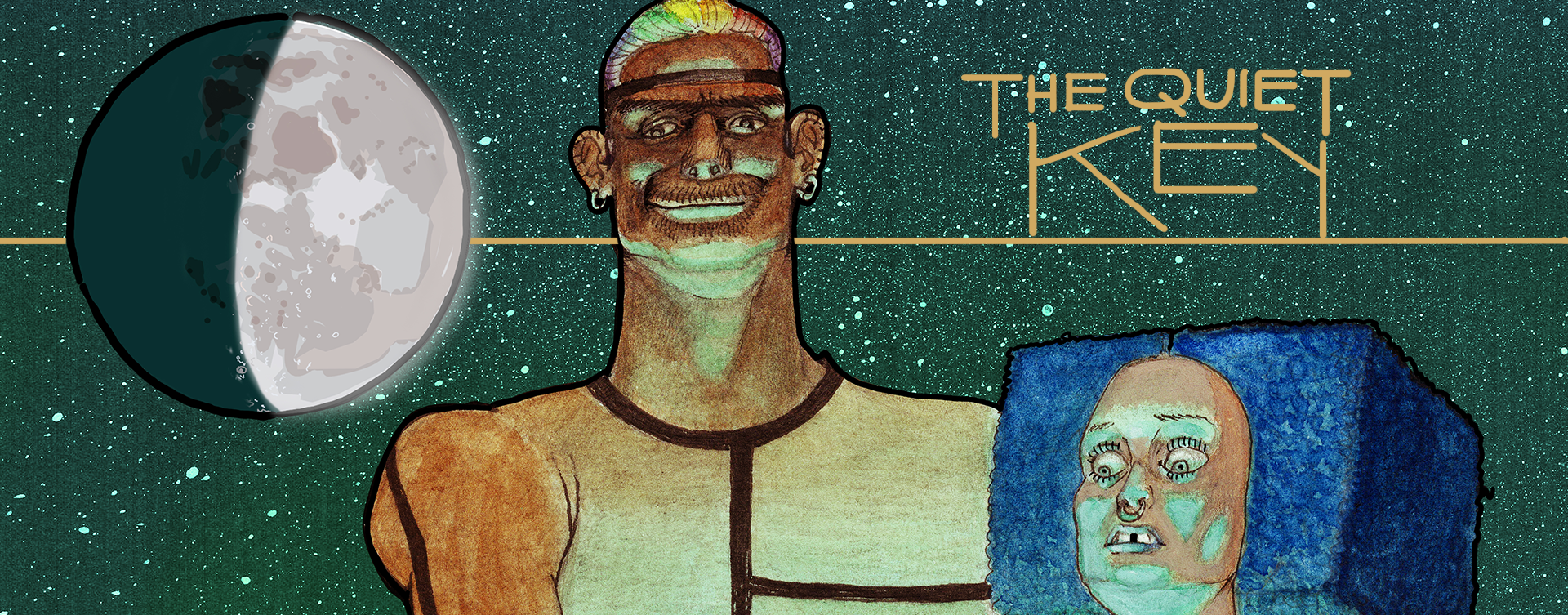 The Quiet Key — moon, characters, and logo banner